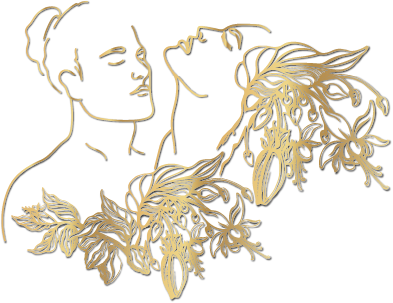 Goldene Linienzeichnung zweier sich zugewandter, tanzender Frauen mit floralen Kakaoblüten-Elementen auf Brusthöhe – Symbol für Verbindung, Weiblichkeit und sinnliche Hingabe.