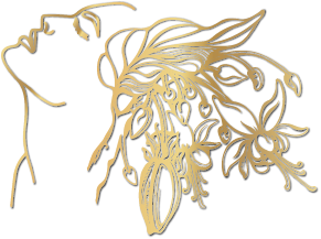 Goldene Linienzeichnung einer weiblichen Silhouette mit geschlossenen Augen, aus deren Kopf florale Kakaoblüten-Elemente wachsen – Symbol für die schöpferische, weibliche Kraft „Shakti“ in Verbindung mit der Pflanzenmedizin.